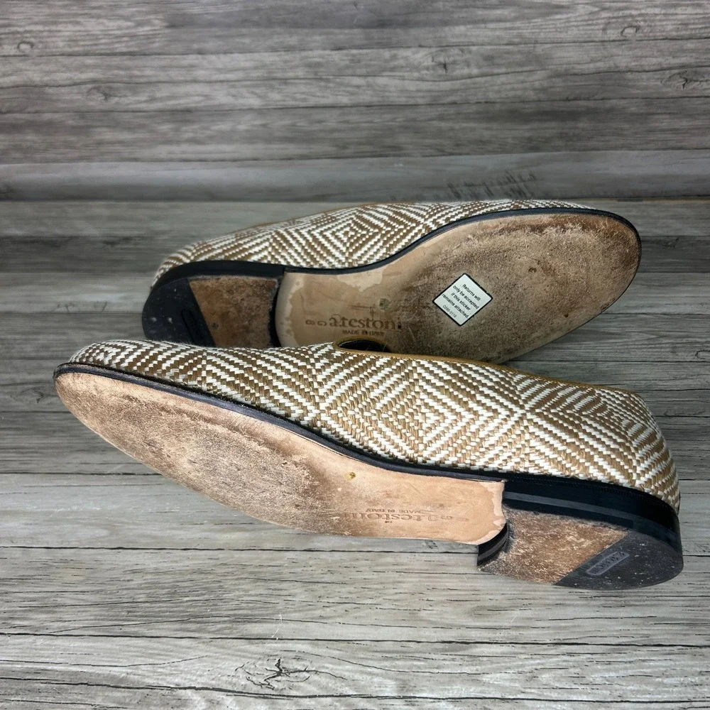 A. Testoni Italy Mens Woven Raffia Loafers Size 8 Geometric Old Money‎ Preppy